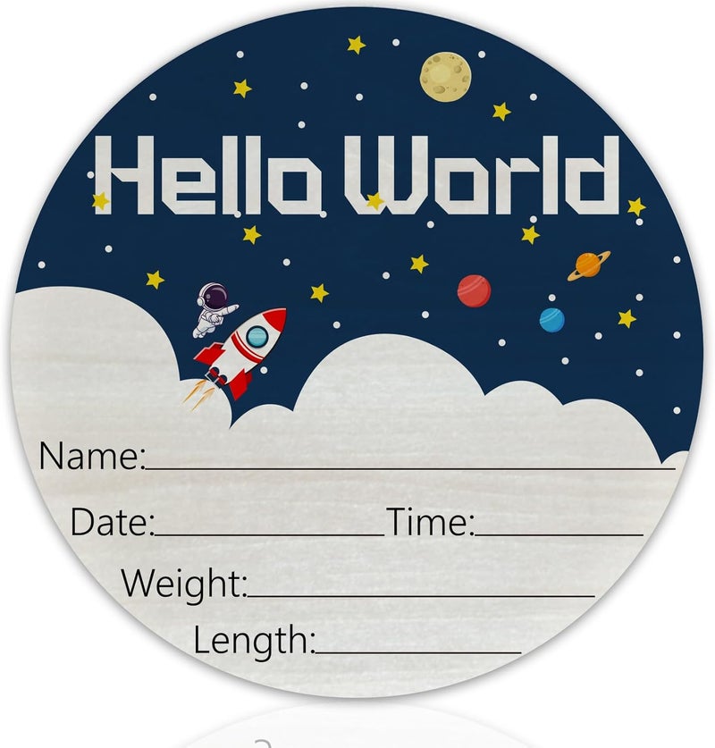 CLHHM Hello World Birth Announcement 6" Round Birch Wood Newborn Sign for Nursery Hospital & Baby Shower, Personalized Baby Name Plaque, Keepsake Décor Gift for New Parents (White Spaceship) - Image 1